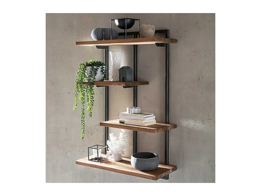 Wandregal aus Teak Altholz und Metall mit 4 Ablageböden
