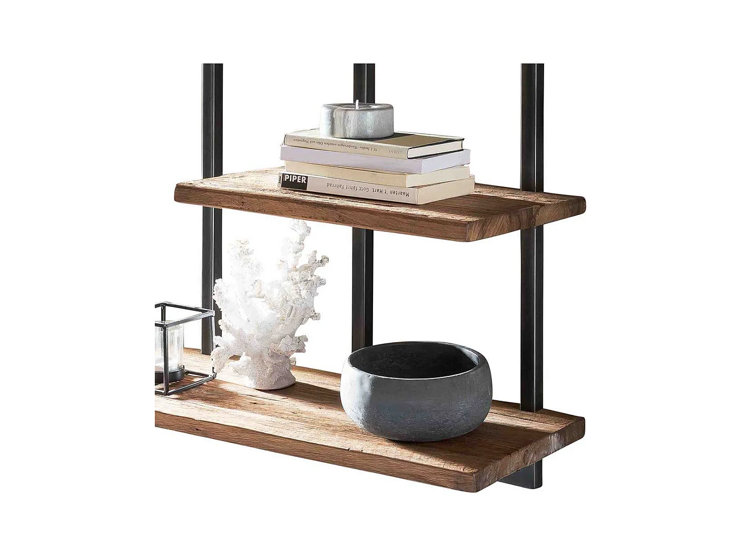 Wandregal aus Teak Altholz und Metall mit 4 Ablageböden