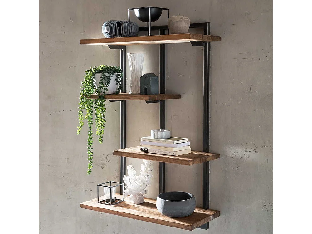 Wandregal aus Teak Altholz und Metall mit 4 Ablageböden