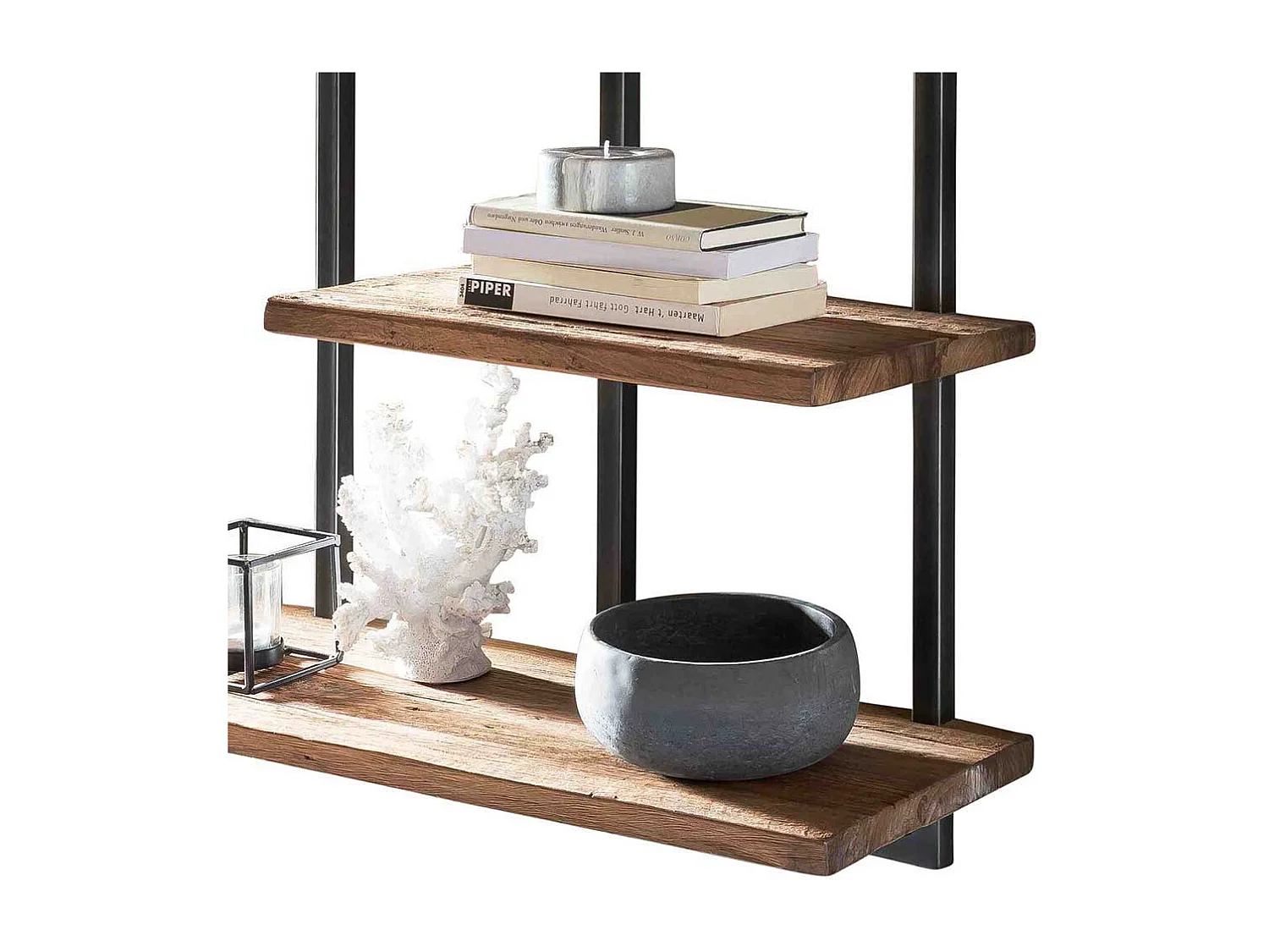 Wandregal aus Teak Altholz und Metall mit 4 Ablageböden