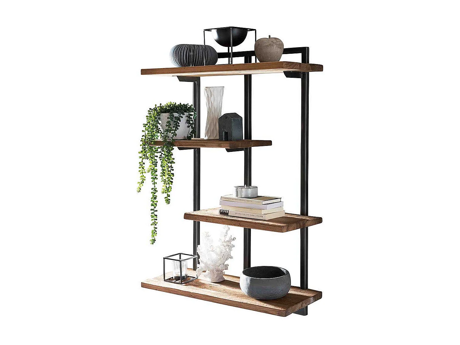 Wandregal aus Teak Altholz und Metall mit 4 Ablageböden