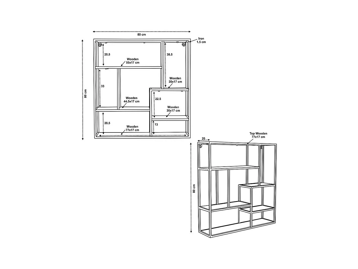 Regal aus Massivholz und Metall hängend