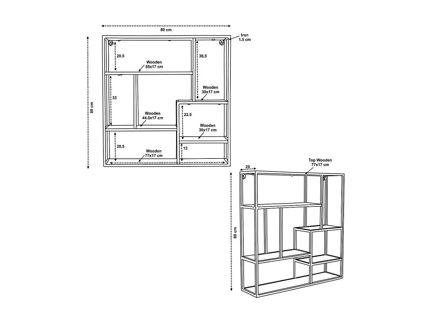 Regal aus Massivholz und Metall hängend