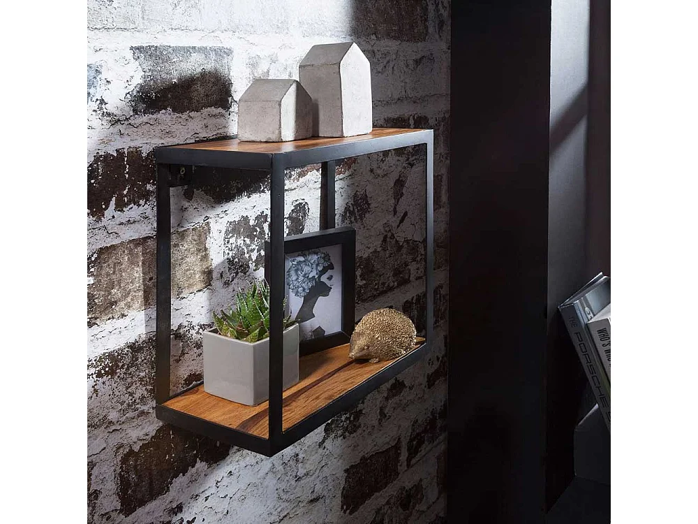 Hängeregal aus Sheesham Massivholz Eisen in Schwarz