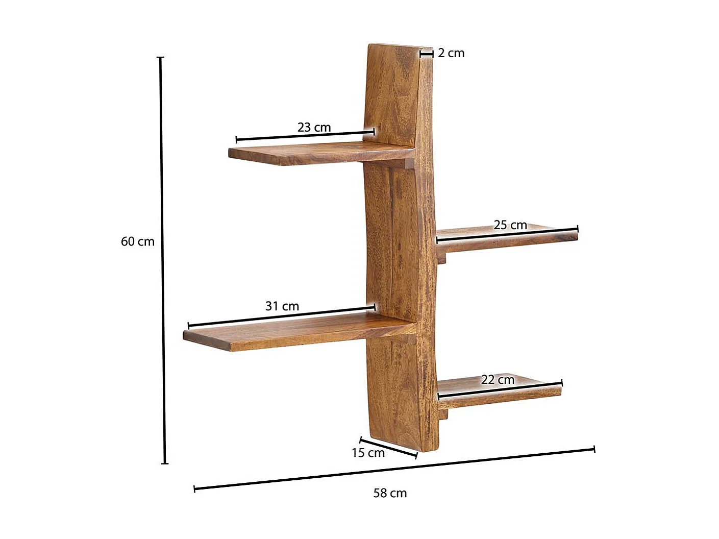 Wandhängeregal aus Sheesham Massivholz rustikalen Stil