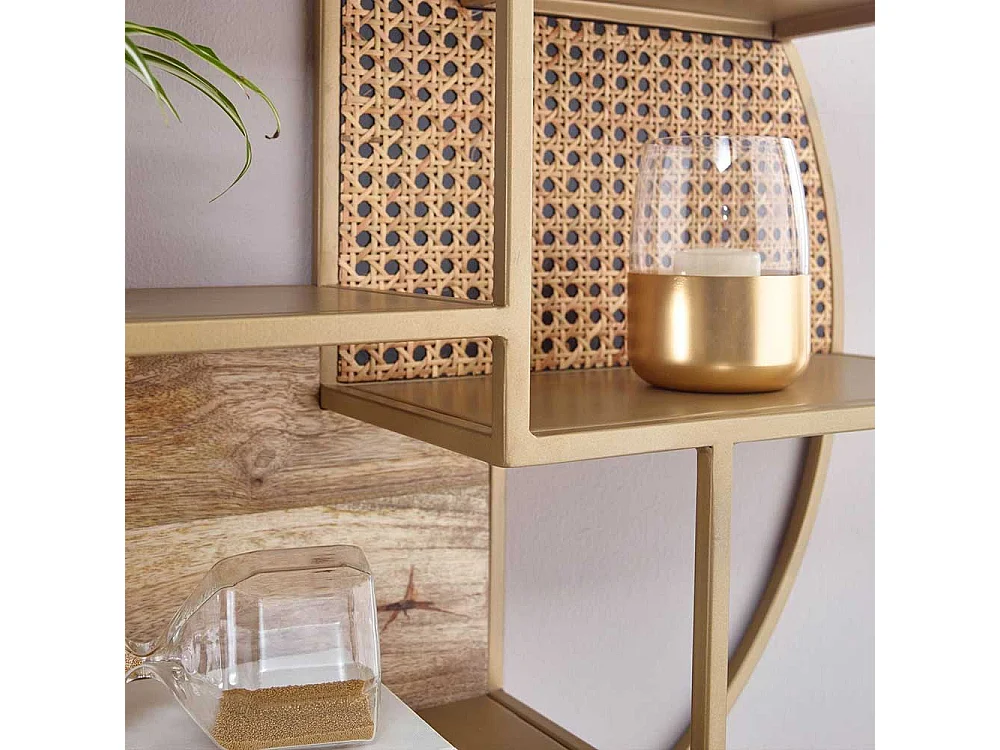 Rundes Wand Regal in Messingfarben Rattan und Metall