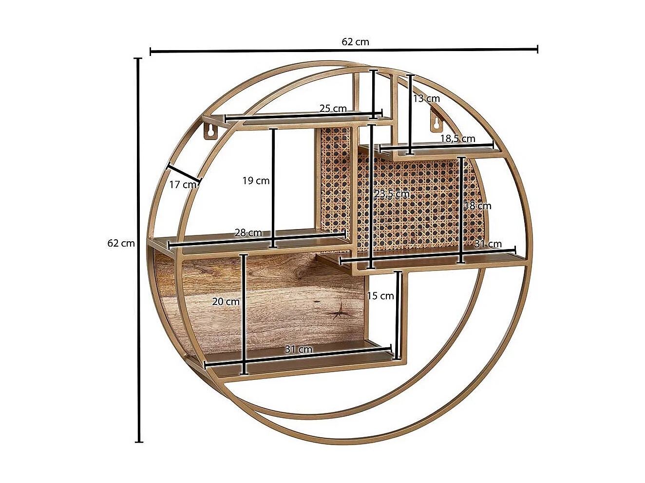 Rundes Wand Regal in Messingfarben Rattan und Metall