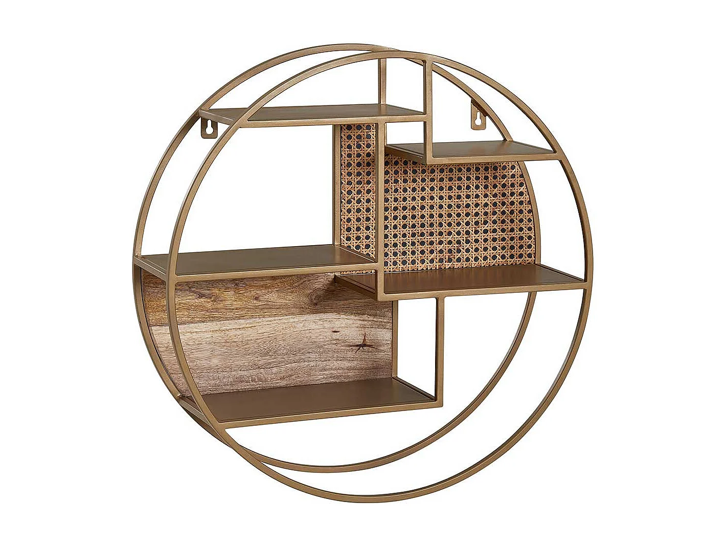 Rundes Wand Regal in Messingfarben Rattan und Metall