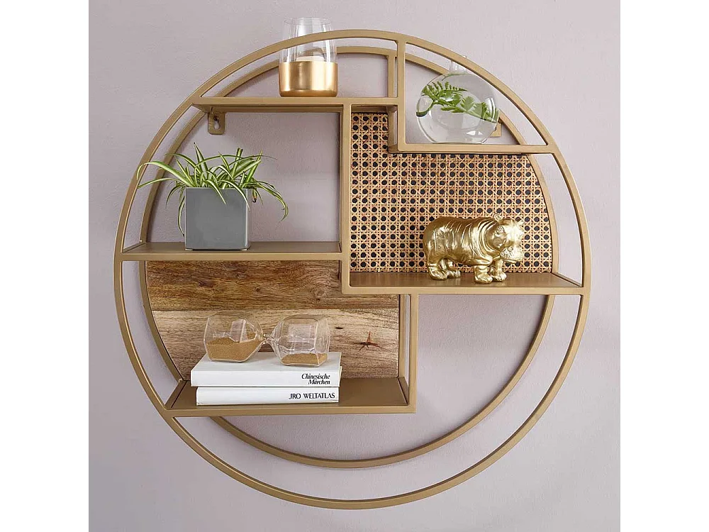 Rundes Wand Regal in Messingfarben Rattan und Metall