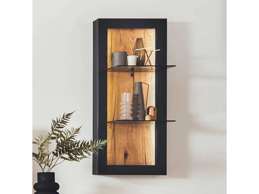 Wohnzimmerregal mit Glasböden in Wildeichefarben Schwarzgrau