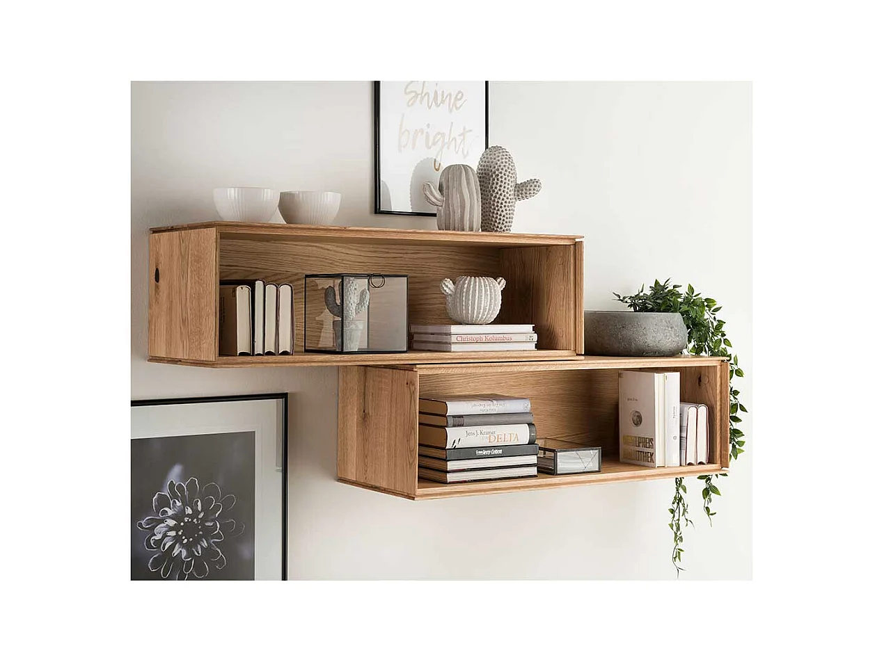 Wohnzimmer Wandhängeregal aus Wildeiche Massivholz mit Rückwand