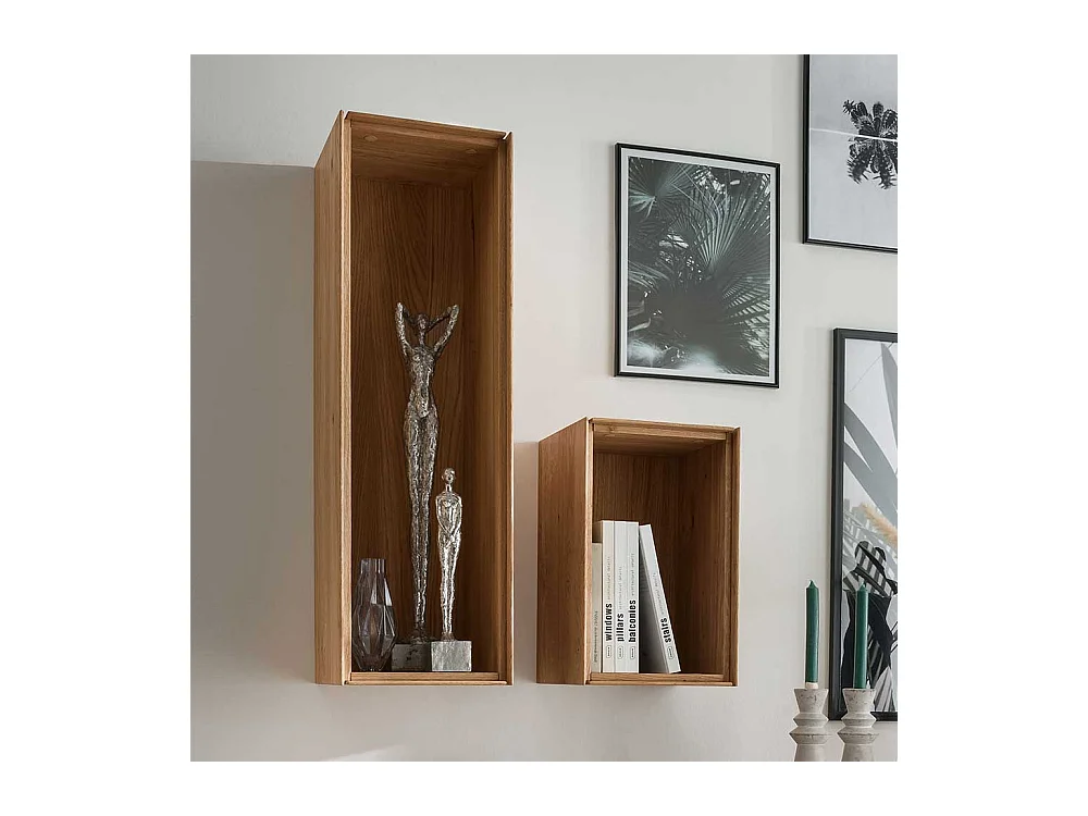 Wohnzimmer Wandhängeregal aus Wildeiche Massivholz mit Rückwand