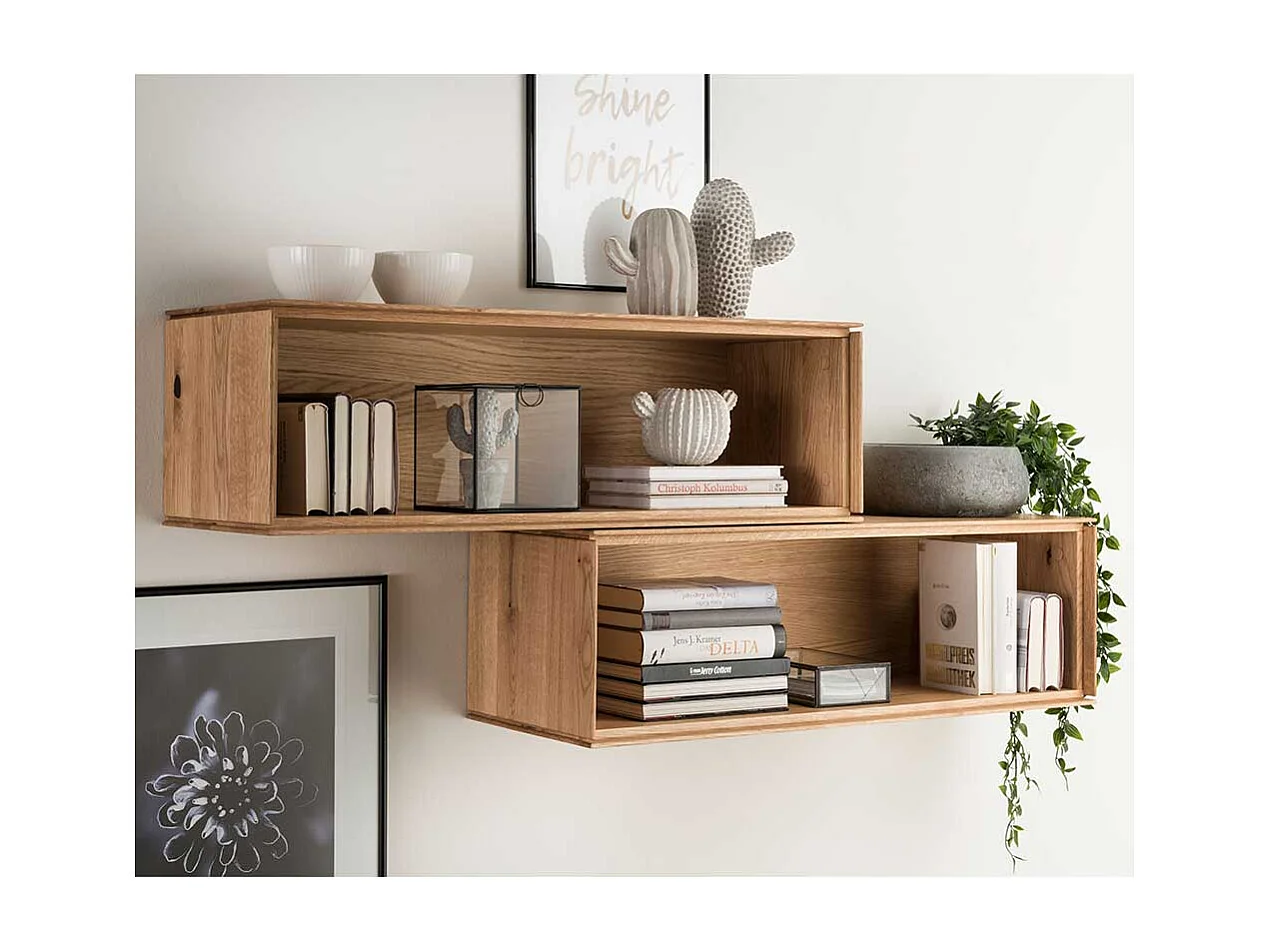 Wohnzimmer Wandhängeregal aus Wildeiche Massivholz mit Rückwand
