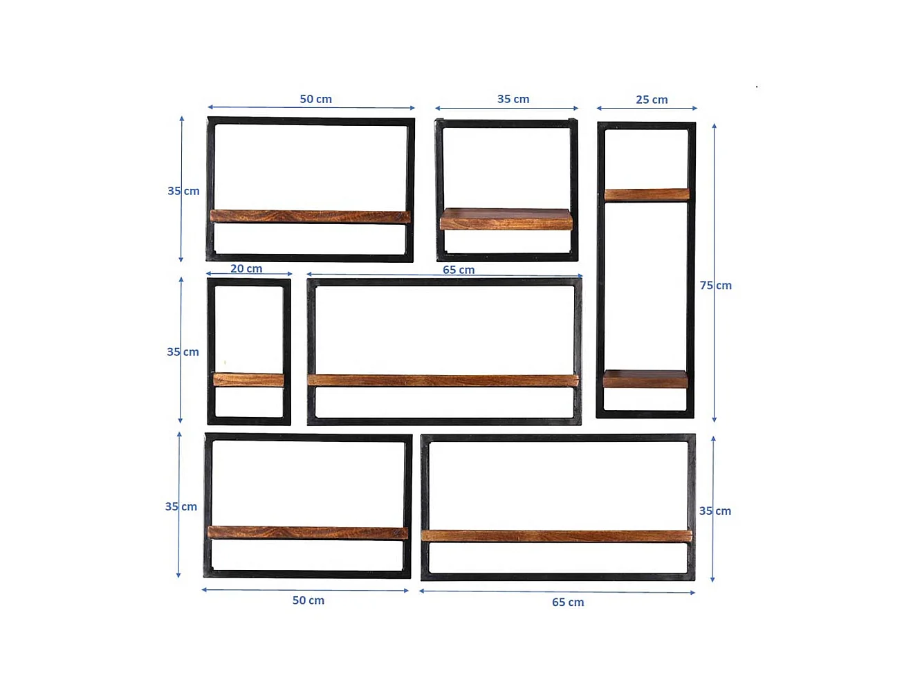 Sieben Wandregale aus Mangobaum Massivholz Metall (siebenteilig)
