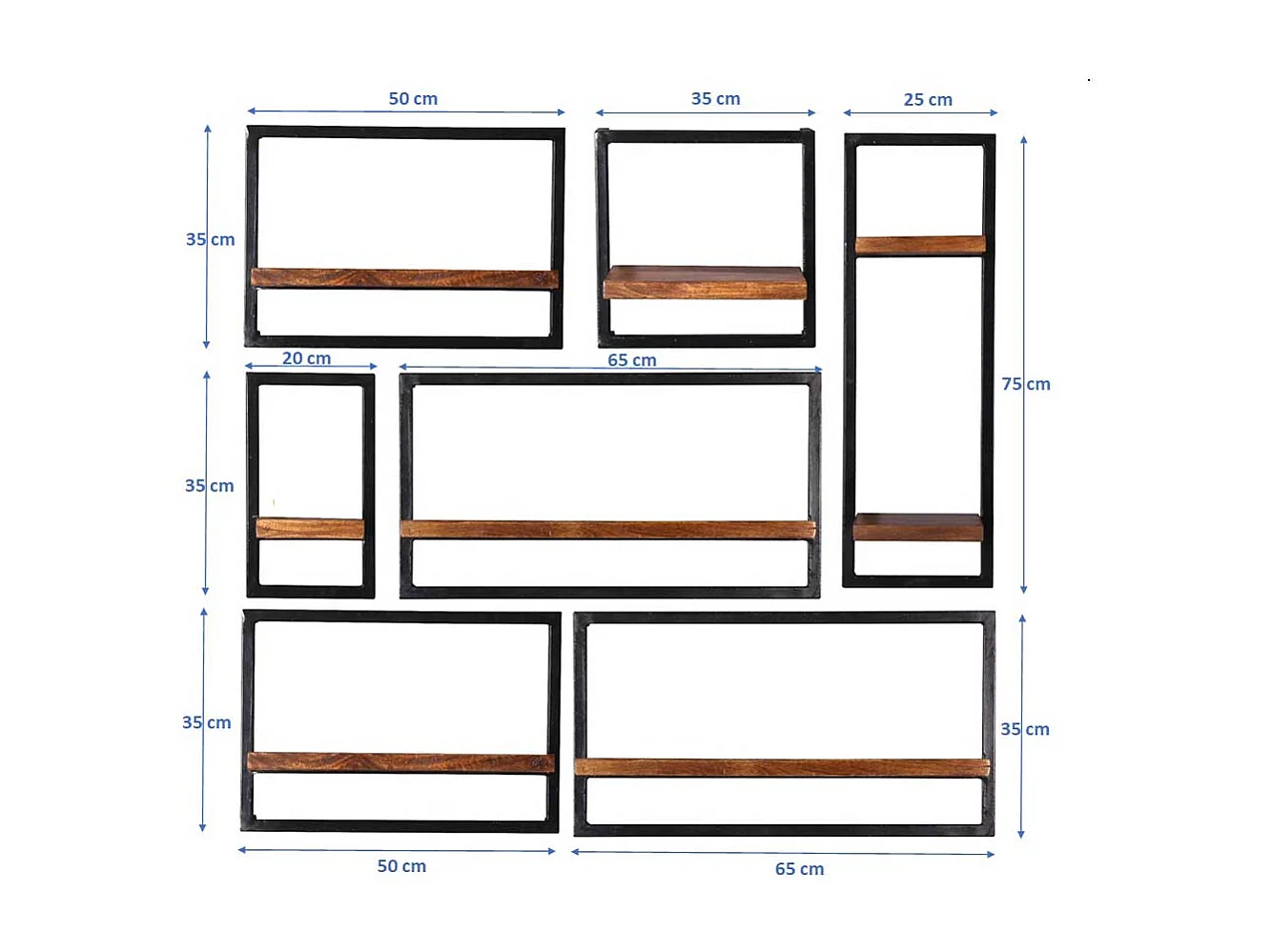 Sieben Wandregale aus Mangobaum Massivholz Metall (siebenteilig)
