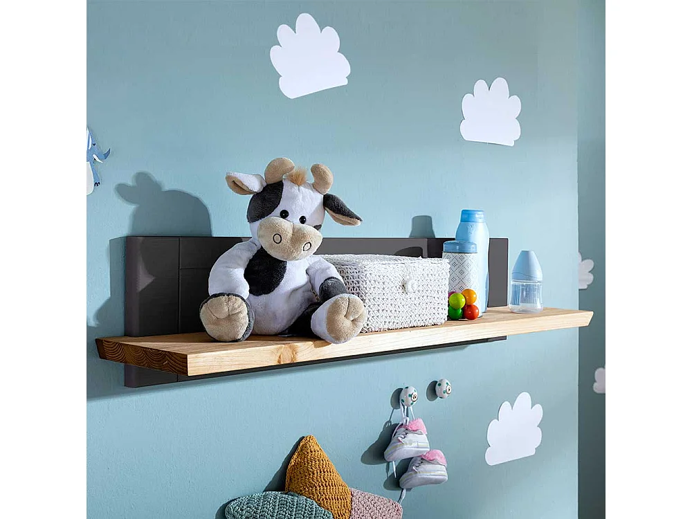 Babyzimmer Wandregal in Grau und Eichefarben Kiefer Massivholz