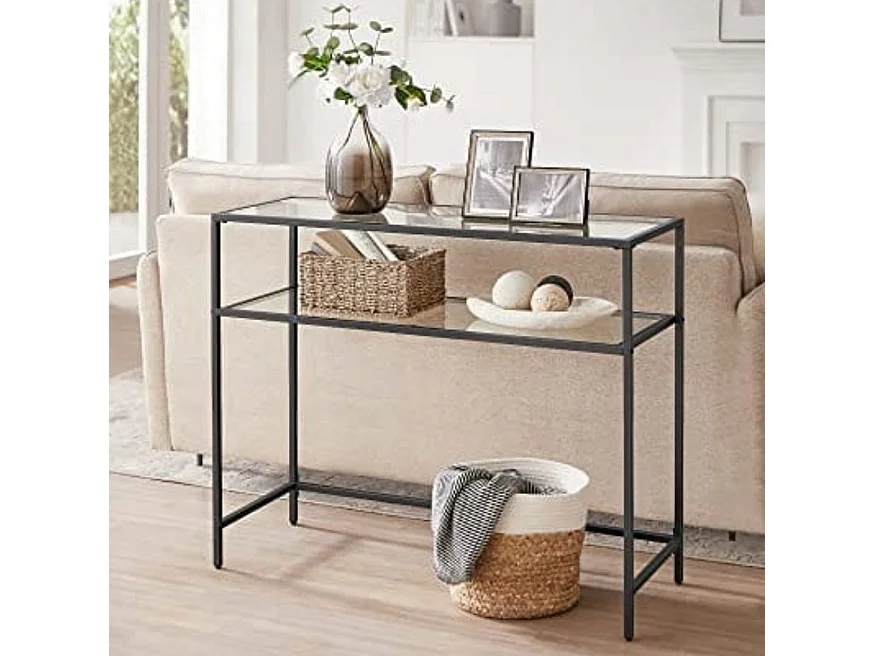 Consola Valora de vidrio negro con estantes de vidrio templado