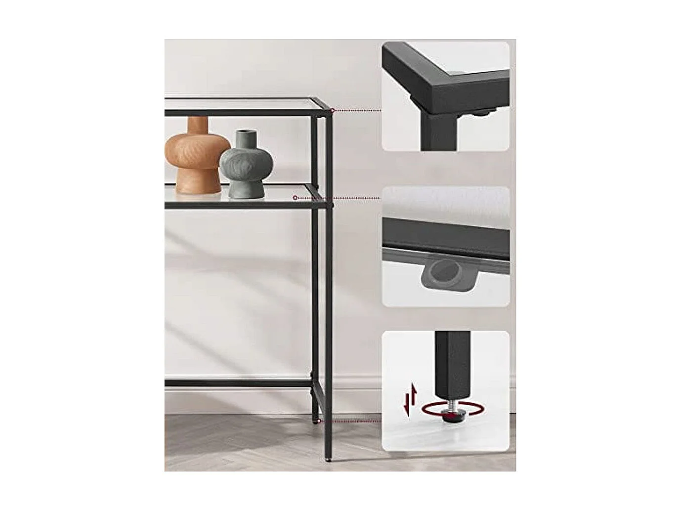 Consola Valora de vidrio negro con estantes de vidrio templado