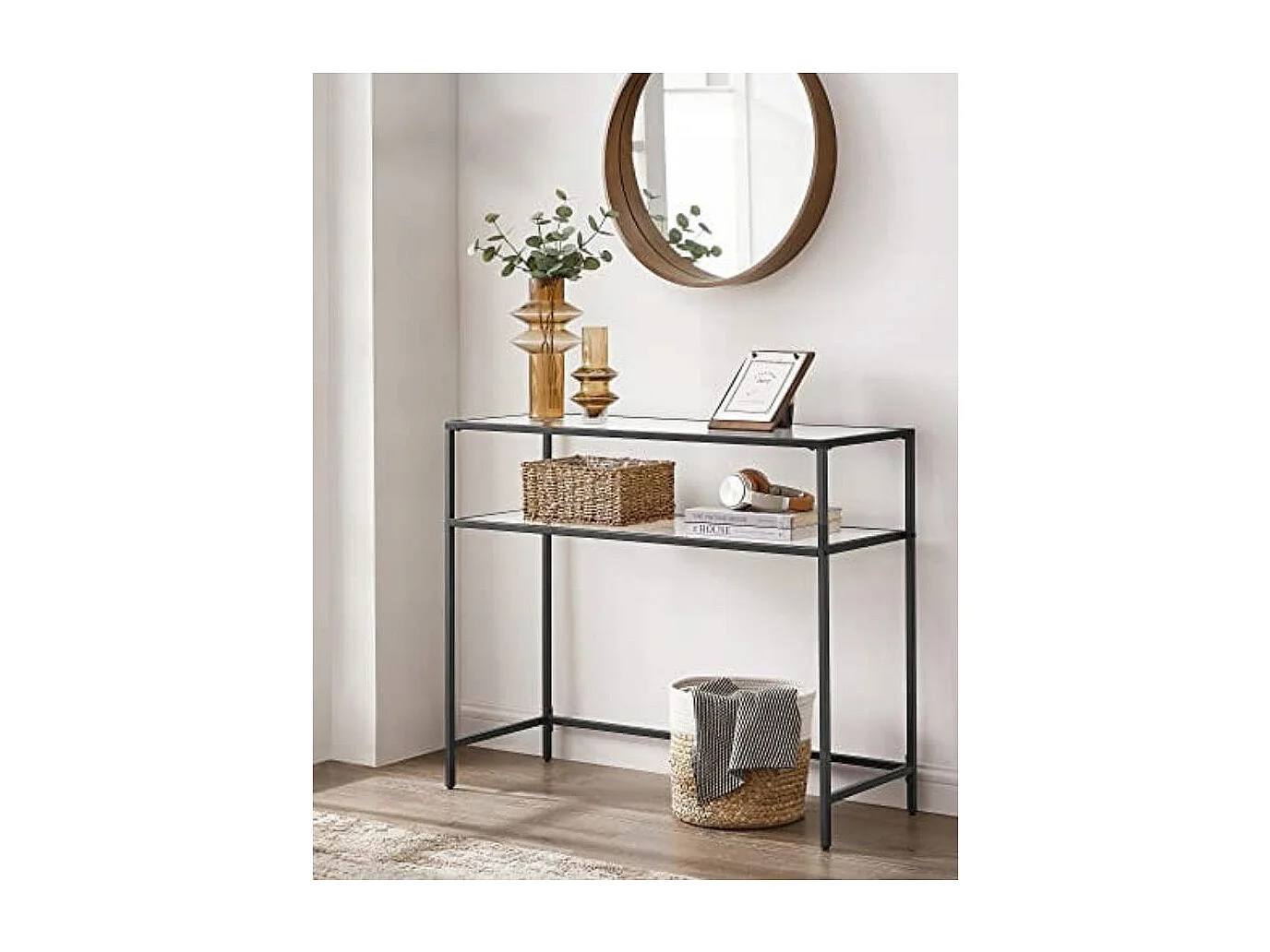 Consola Valora de vidrio negro con estantes de vidrio templado