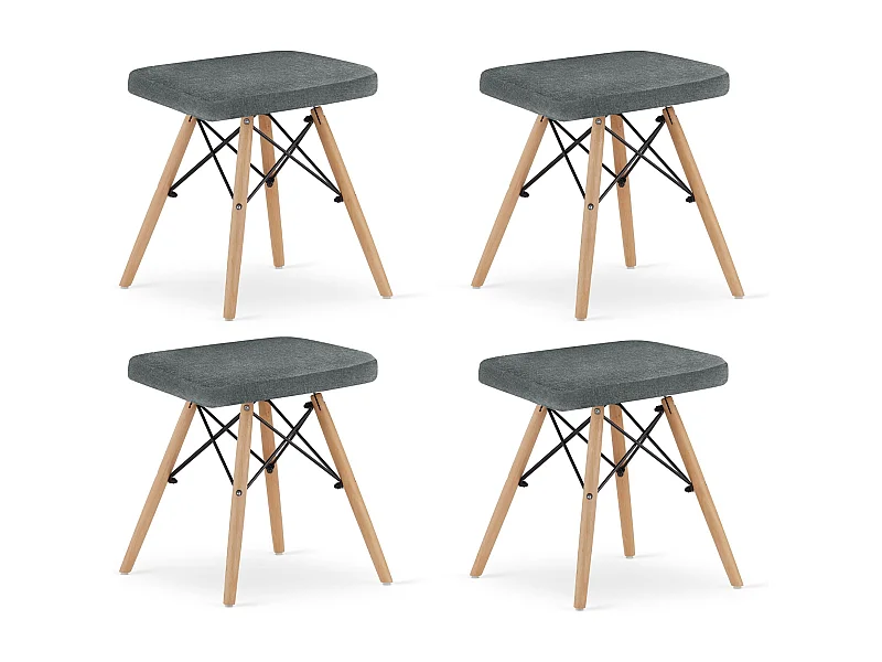 Valora PEKO Hocker 4er-Set, grauer Stoffbezug mit Beinen aus Buchenholz