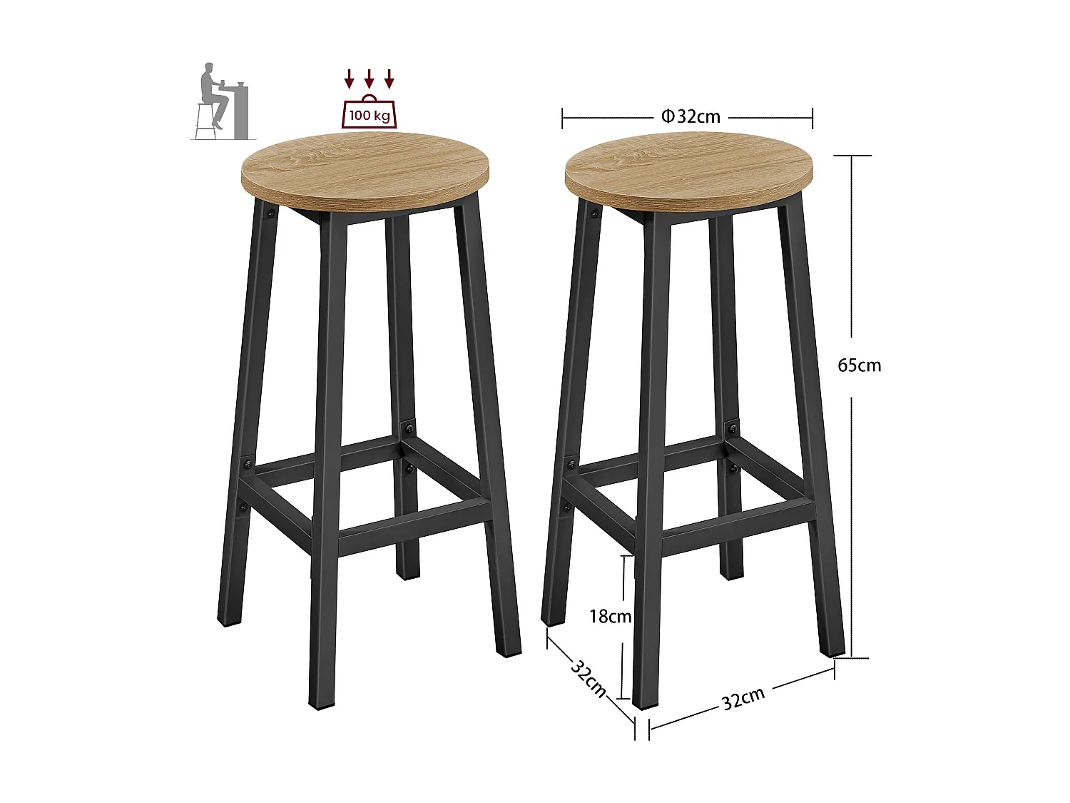 Lot de 2 tabourets de bar Valora en chêne Sonoma avec pieds noirs pour cuisine