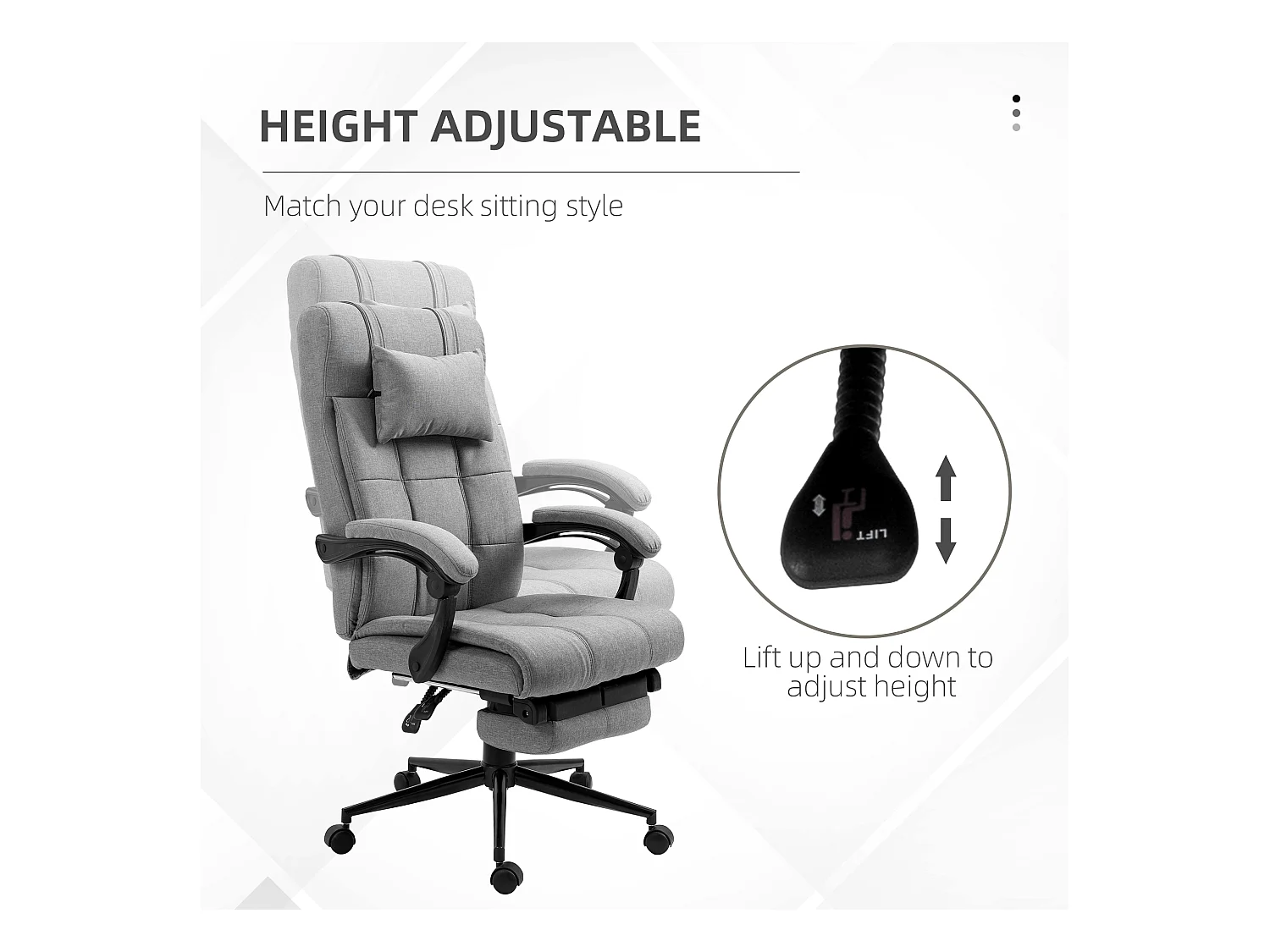 Fauteuil de bureau avec appui-tête et accoudoirs, réglable en hauteur, pivotant avec repose-pieds, lin, ergonomique, 66x70x116-124 cm