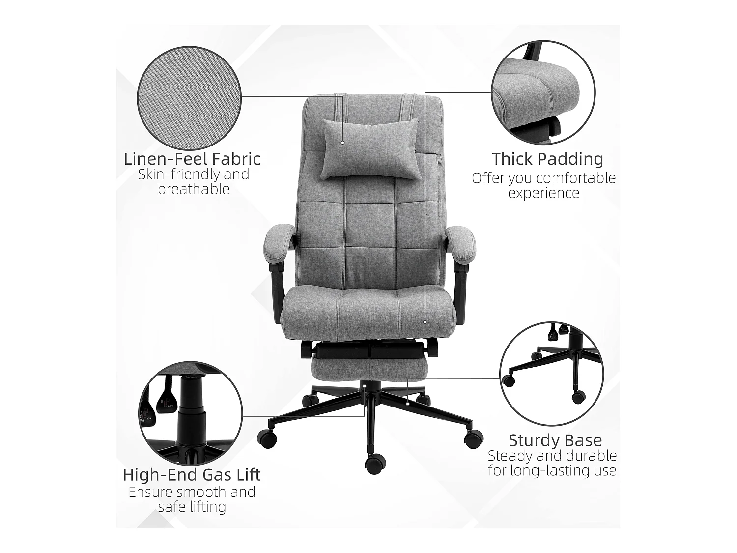 Fauteuil de bureau avec appui-tête et accoudoirs, réglable en hauteur, pivotant avec repose-pieds, lin, ergonomique, 66x70x116-124 cm