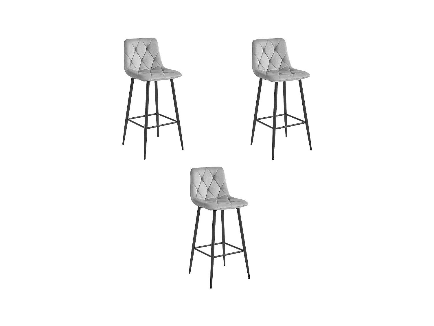 Tabourets bar Valora KODA velours gris argenté pieds acier noir x3