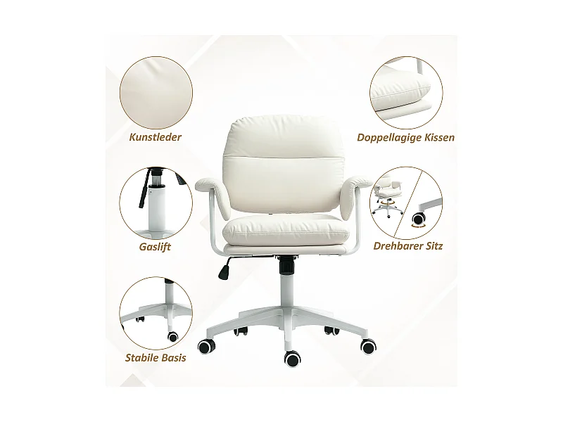 Cadeira de escritório reclinável e acolchoada, giratória com apoio para os pés, ajustável em altura, capacidade 120 kg, couro sintético, branca