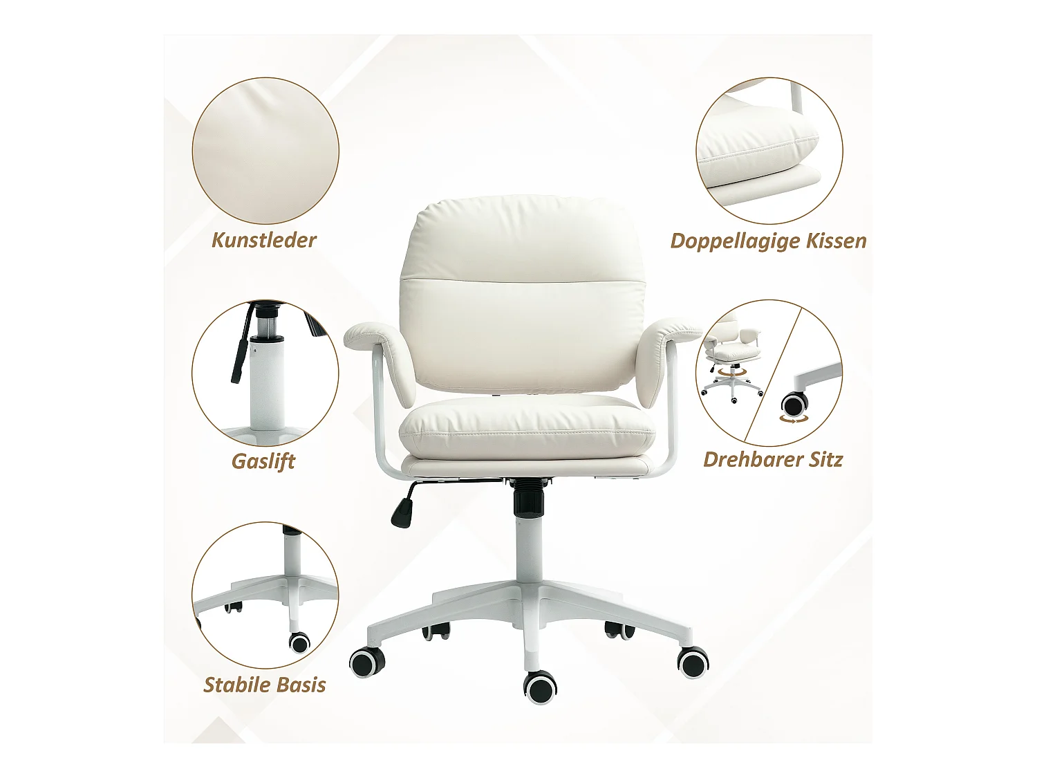 Chaise de bureau inclinable et rembourrée, pivotante avec repose-pieds, réglable en hauteur, capacité 120 kg, simili cuir, blanc