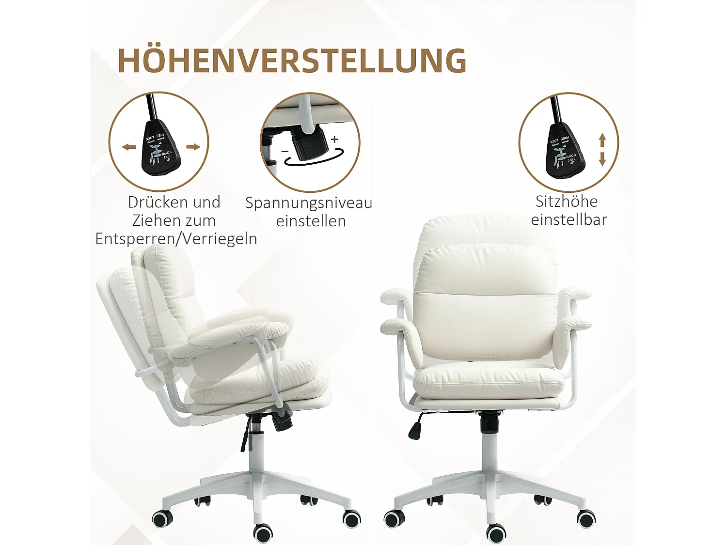 Chaise de bureau inclinable et rembourrée, pivotante avec repose-pieds, réglable en hauteur, capacité 120 kg, simili cuir, blanc