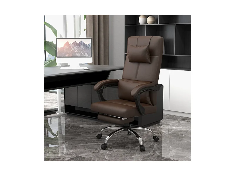 Fauteuil de bureau ergonomique avec massage et chauffage, soutien lombaire et appui-tête, réglable en hauteur, pivotant, repose-pieds, café