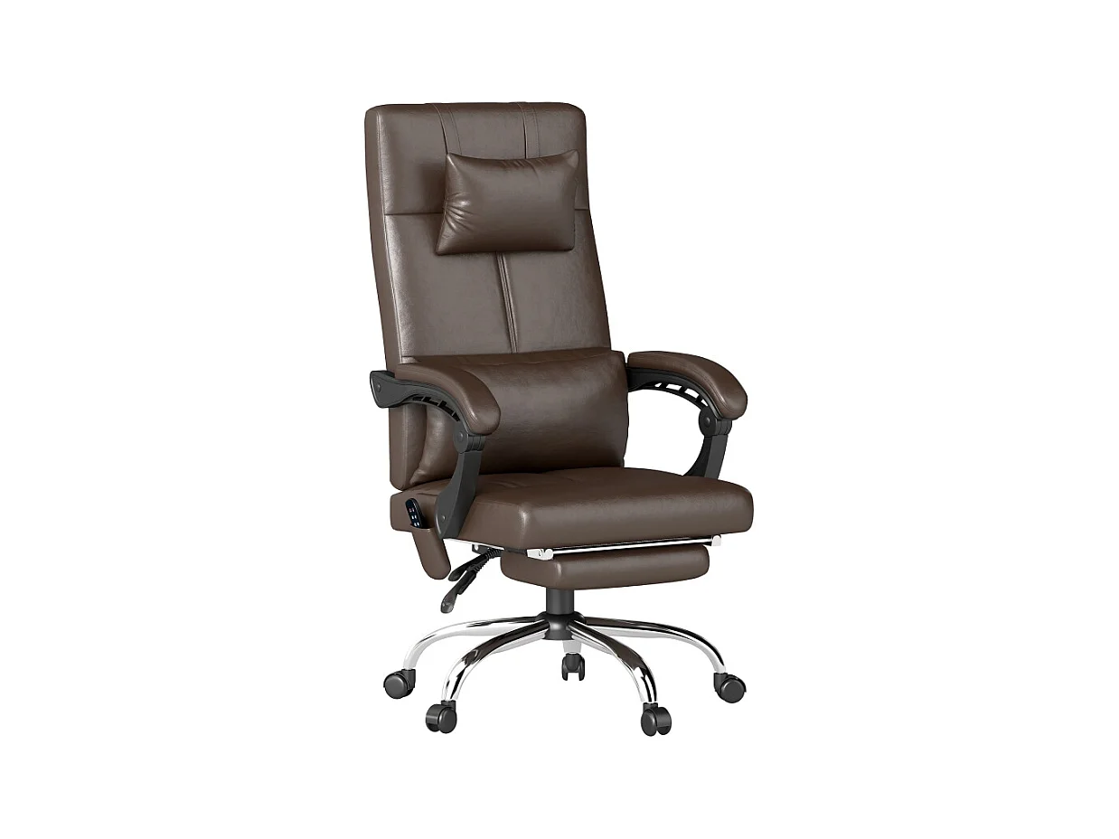 Fauteuil de bureau ergonomique avec massage et chauffage, soutien lombaire et appui-tête, réglable en hauteur, pivotant, repose-pieds, café