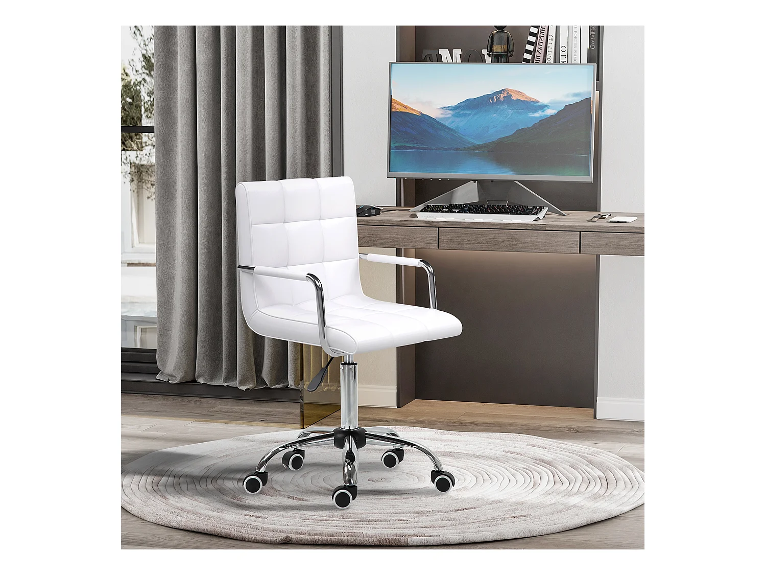 Chaise de bureau réglable, fauteuil ergonomique pivotant pour bureau et home office, revêtement simili cuir PU, couleur blanc, confortable et pratique