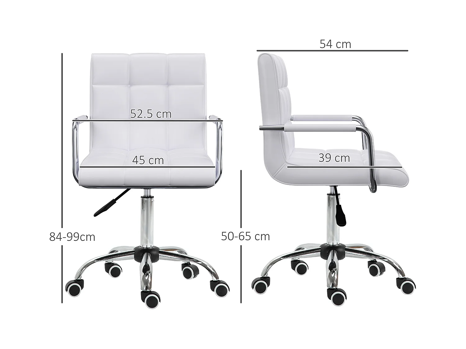Chaise de bureau réglable, fauteuil ergonomique pivotant pour bureau et home office, revêtement simili cuir PU, couleur blanc, confortable et pratique