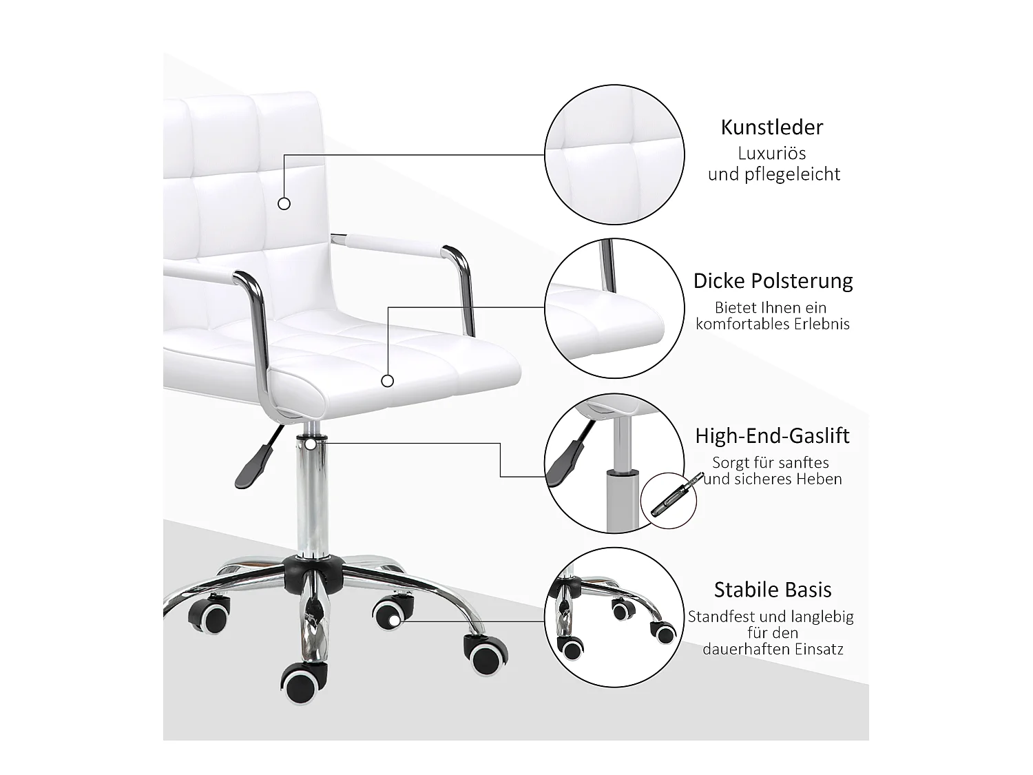 Chaise de bureau réglable, fauteuil ergonomique pivotant pour bureau et home office, revêtement simili cuir PU, couleur blanc, confortable et pratique