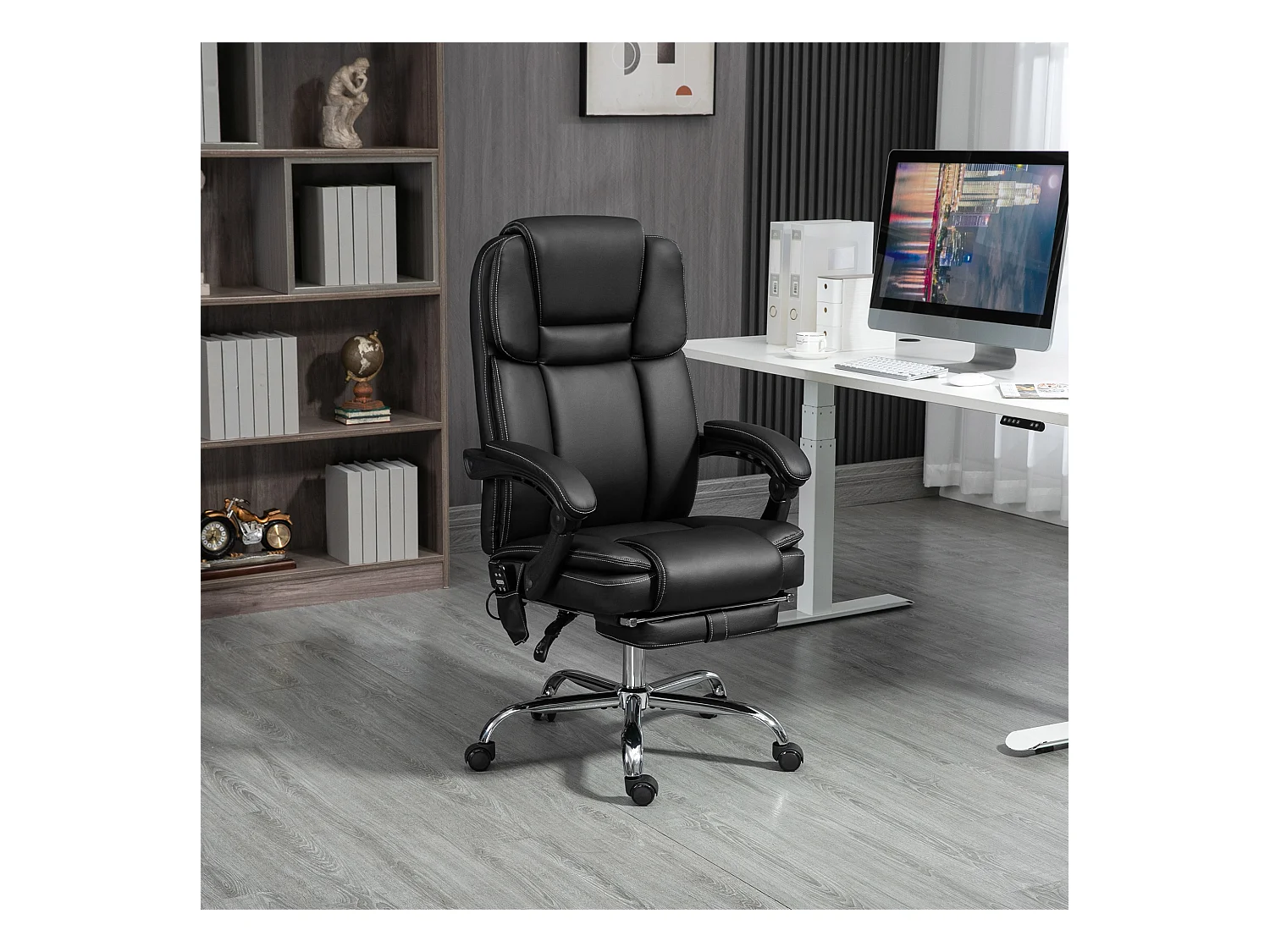 Chaise de bureau ergonomique avec massage vibrant et chauffant, réglable en hauteur, repose-pieds et poche latérale,  noir