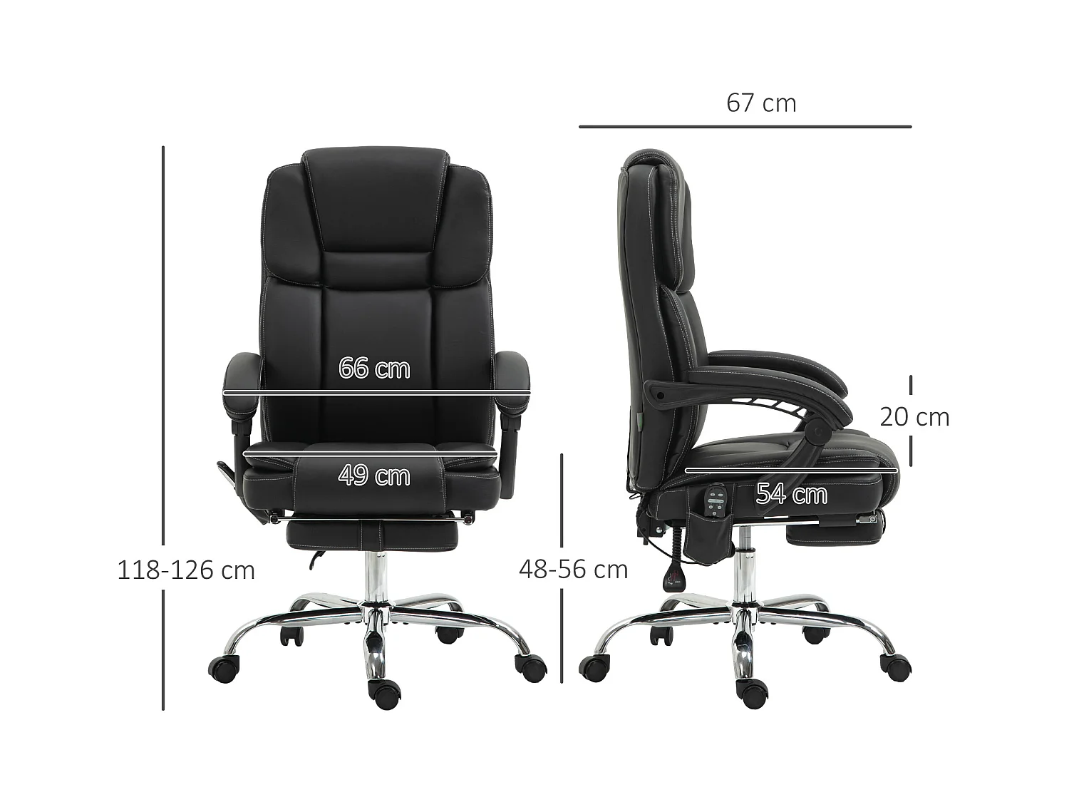 Chaise de bureau ergonomique avec massage vibrant et chauffant, réglable en hauteur, repose-pieds et poche latérale,  noir