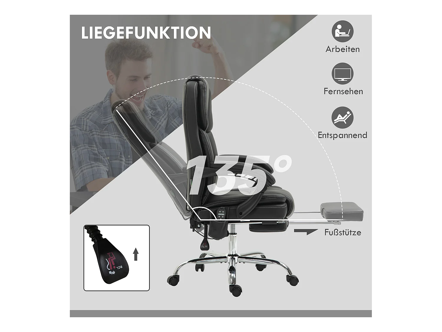 Chaise de bureau ergonomique avec massage vibrant et chauffant, réglable en hauteur, repose-pieds et poche latérale,  noir