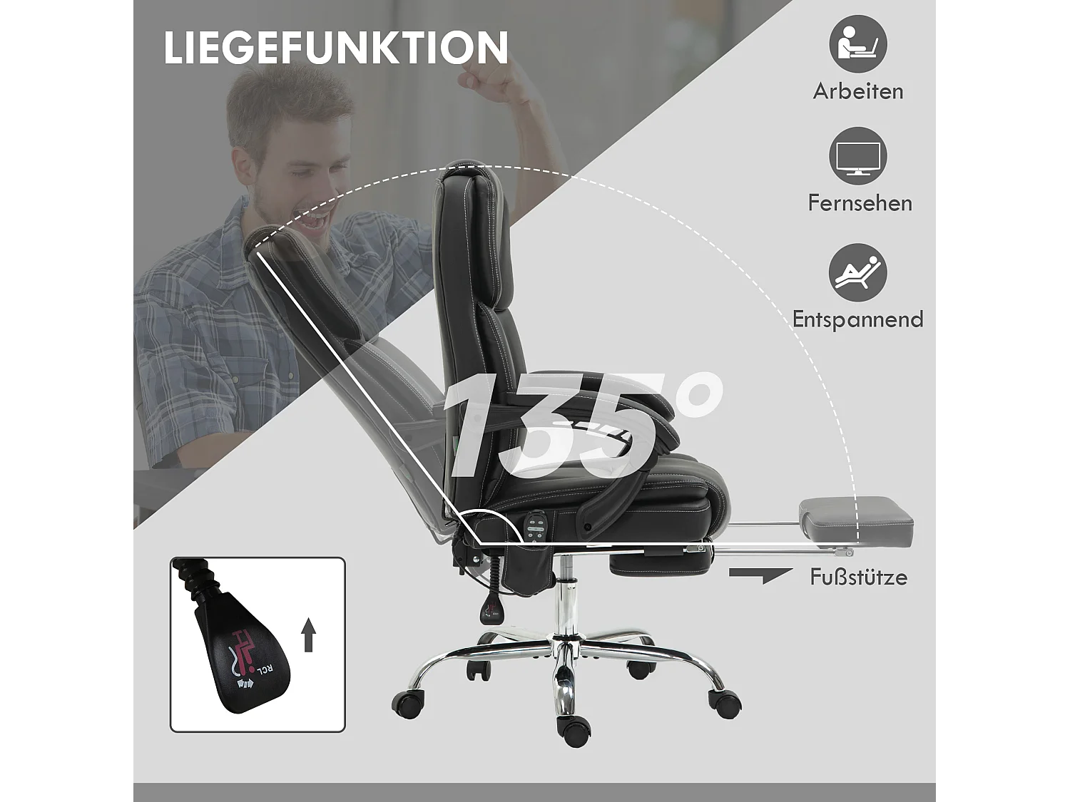 Chaise de bureau ergonomique avec massage vibrant et chauffant, réglable en hauteur, repose-pieds et poche latérale,  noir