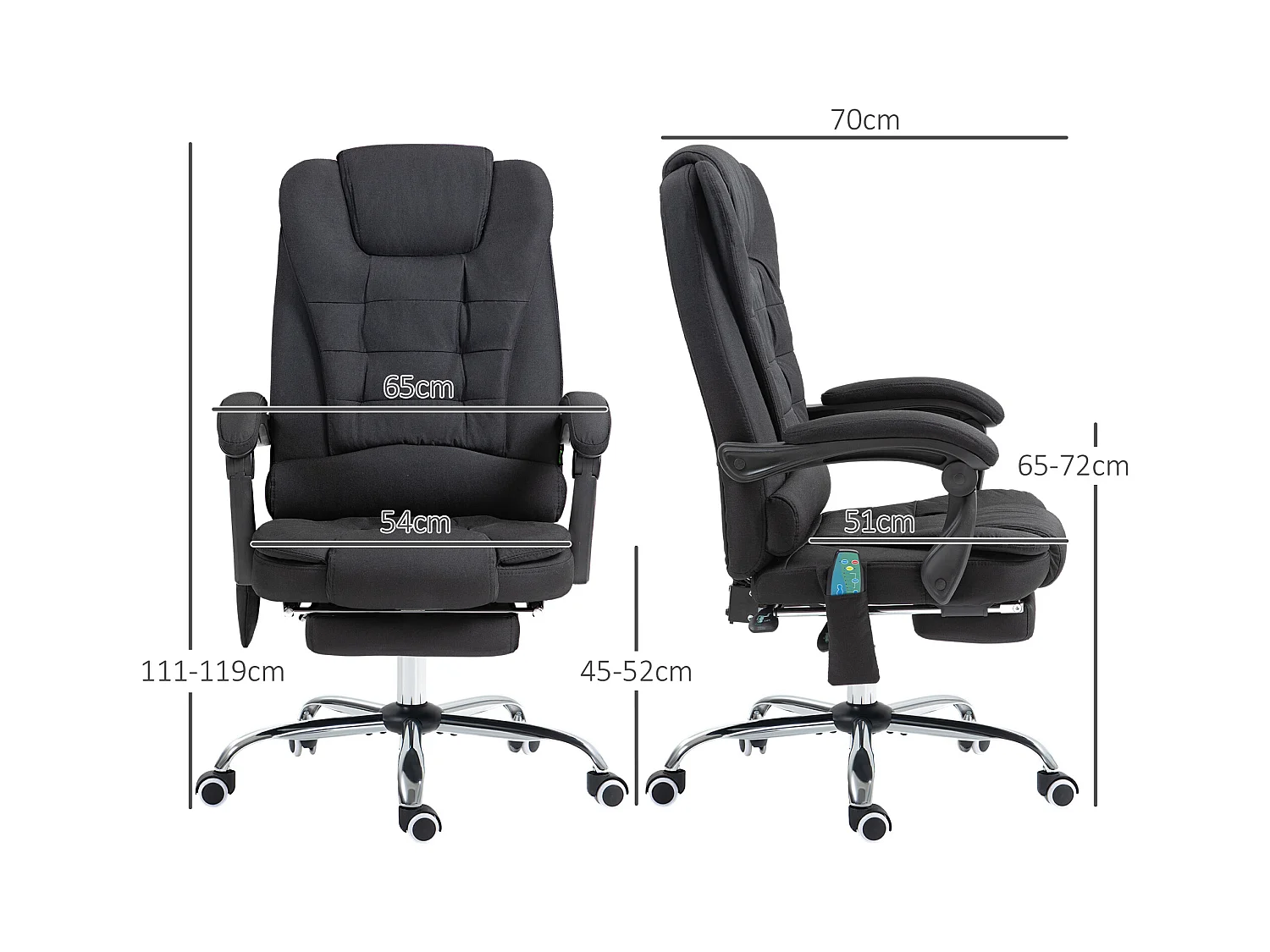 Chaise de bureau ergonomique avec massage et chauffage, réglable en hauteur, repose-pieds, poche latérale et télécommande, noir