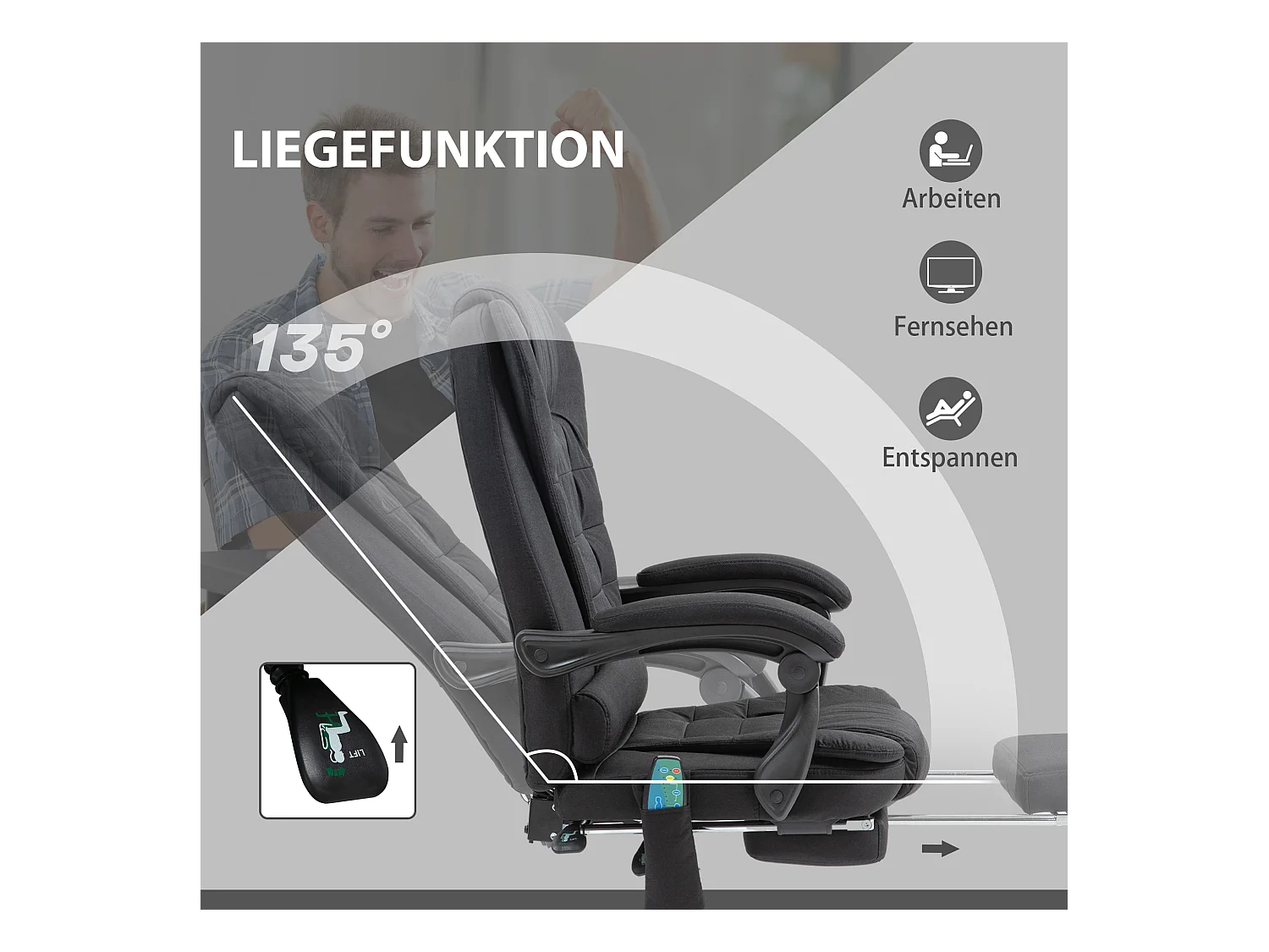 Chaise de bureau ergonomique avec massage et chauffage, réglable en hauteur, repose-pieds, poche latérale et télécommande, noir