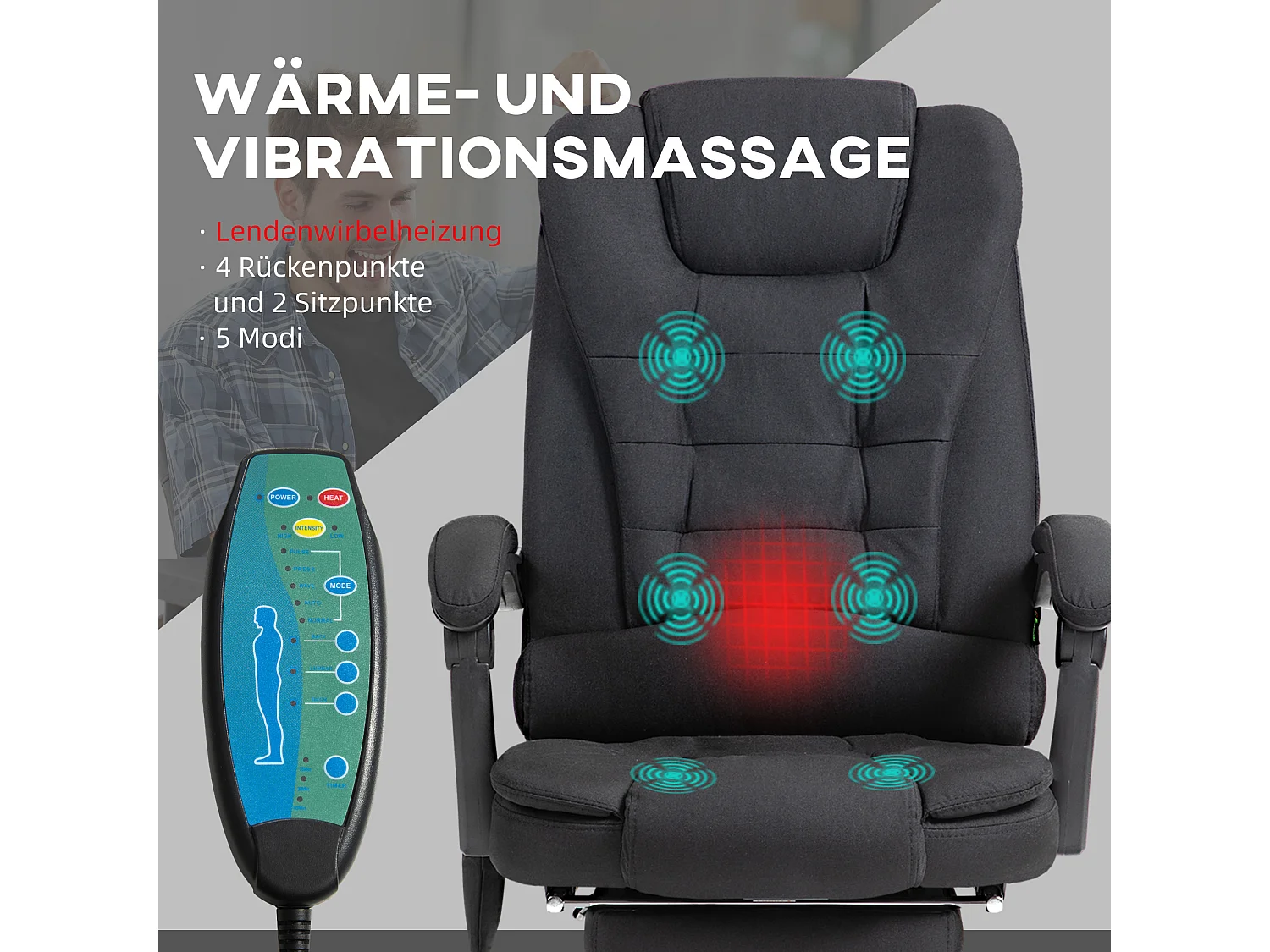 Chaise de bureau ergonomique avec massage et chauffage, réglable en hauteur, repose-pieds, poche latérale et télécommande, noir