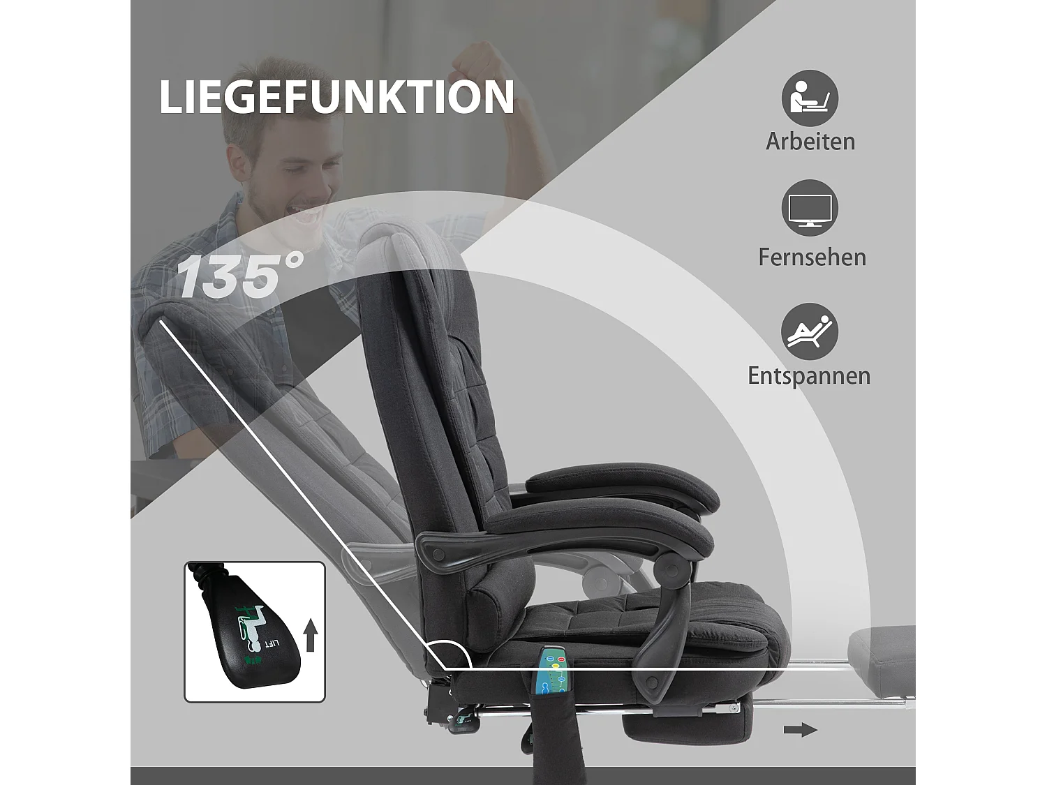 Chaise de bureau ergonomique avec massage et chauffage, réglable en hauteur, repose-pieds, poche latérale et télécommande, noir