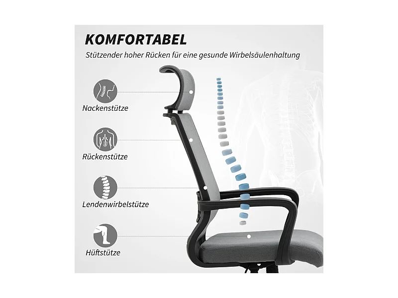 Ergonomische bureaustoel met armleuningen en hoofdsteun, in hoogte verstelbare draaistoel, schommelfunctie, stof met woleffect, kleur grijs