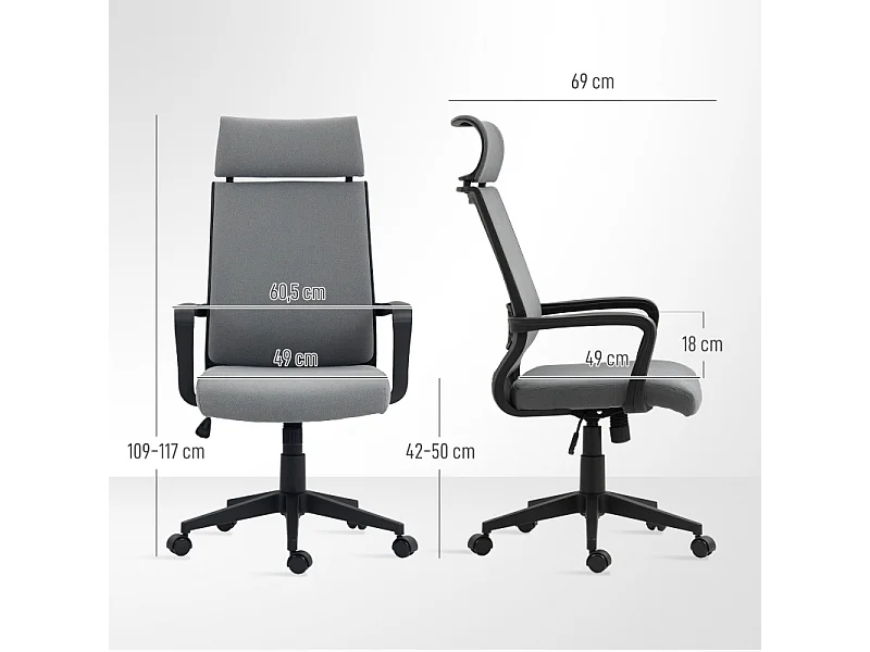 Chaise de bureau ergonomique avec accoudoirs et appui-tête, fauteuil pivotant réglable en hauteur, fonction bascule, tissu imitation laine, couleur gris