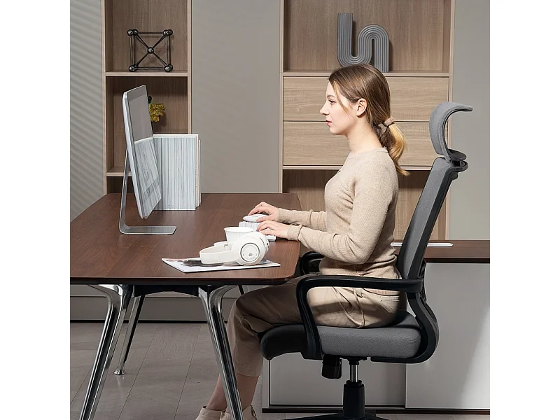 Chaise de bureau ergonomique avec accoudoirs et appui-tête, fauteuil pivotant réglable en hauteur, fonction bascule, tissu imitation laine, couleur gris