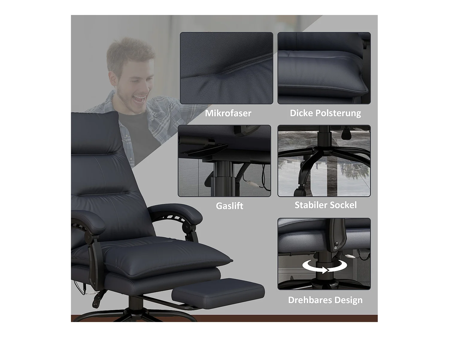 Fauteuil de bureau avec massage, réglable en hauteur, siège d'ordinateur avec repose-pieds, gris, pour bureau ou home office