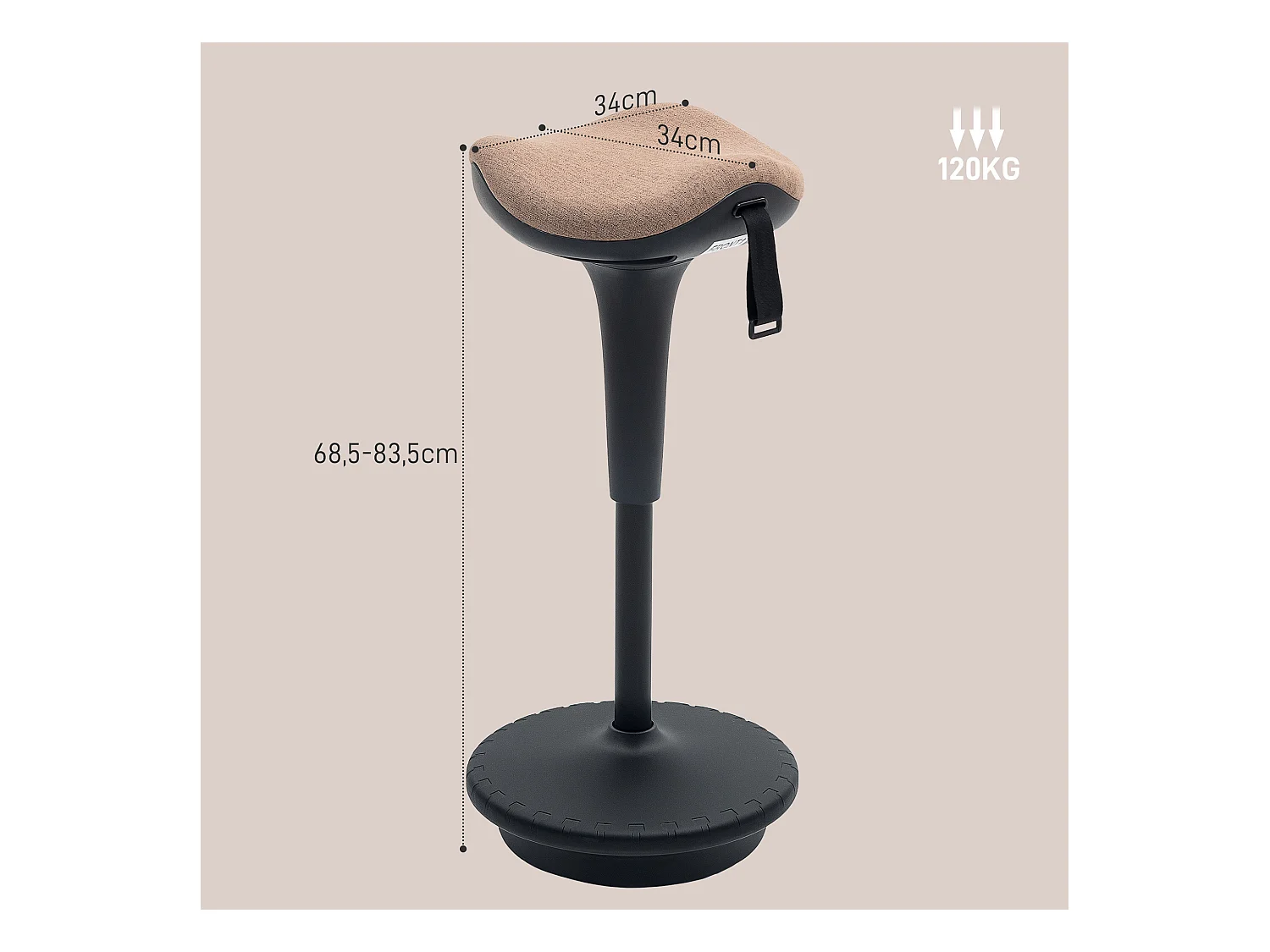 Tabouret de bureau ergonomique pivotant, réglable en hauteur, assise à 360°, pour le bureau ou le studio, chaise haute pratique, marron