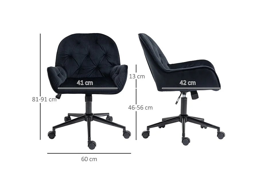 Fauteuil pivotant pour bureau, chaise de direction réglable en hauteur, siège rembourré en polyester velours noir, dimensions 60x61x81-91 cm